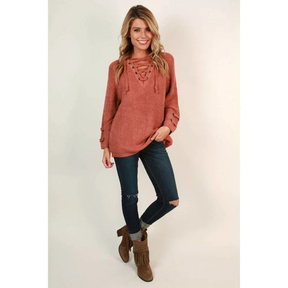 One Star Sugar and Spice Lace Up Sweater in Rustic Rose Size Small Cozy Sweater - Picture 4 of 12